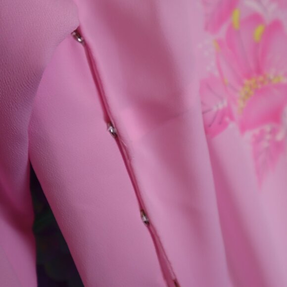 VINTAGE ASIAN LOUNGE SET L Floral Pink Pants PJs Sleepwear Pastel 70s Snaps - Picture 8 of 10